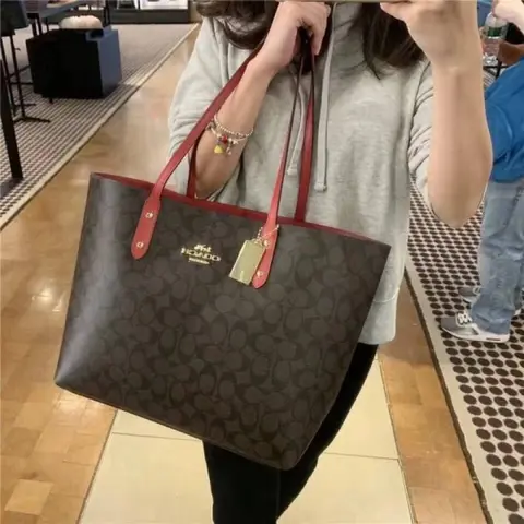 Coach Signature City Tote Bag With OG Box & Dust Bag (Dark Brown-829)