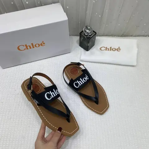 Chloe Woody Flat Sandal Black Canvas & Leather With OG Box & Dust Cover Black