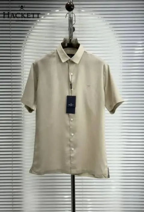 Hackett Chest Logo Half Linen Shirts Beige