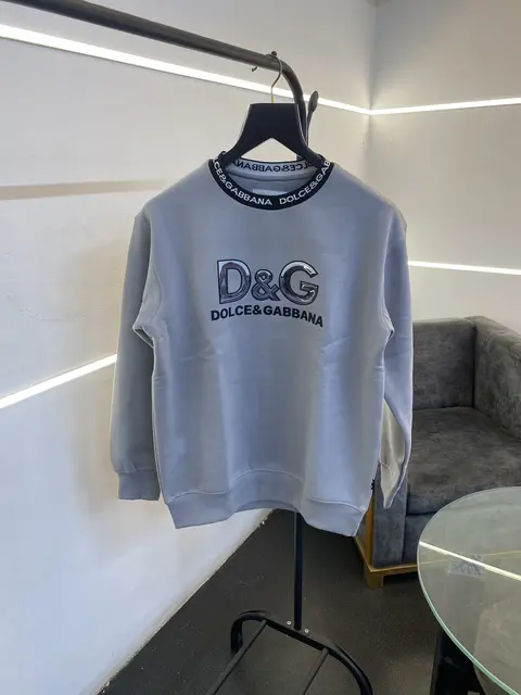 Dolce Gabana heavy gsm fleece fabric round neck sweatshirt with imported brand gloss print on front with knitted collar strip grey