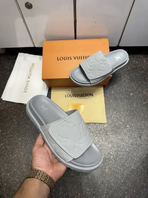 Louis Vuitton Lv Leather Miami Mules Wide Front Strap Logo Premium Slides