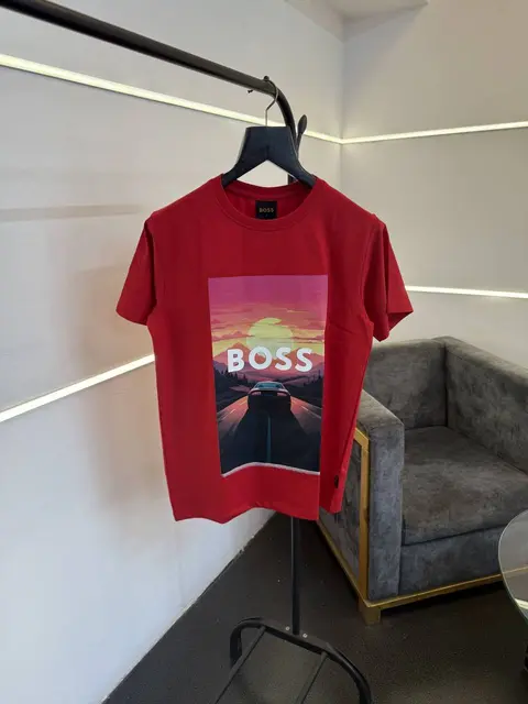 Hugo bos turkey imported heavy print and patch round neck tshirt red sale
