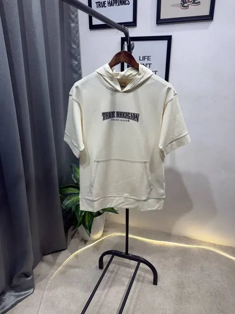 True religion drop shoulder hooded imported tshirt cream