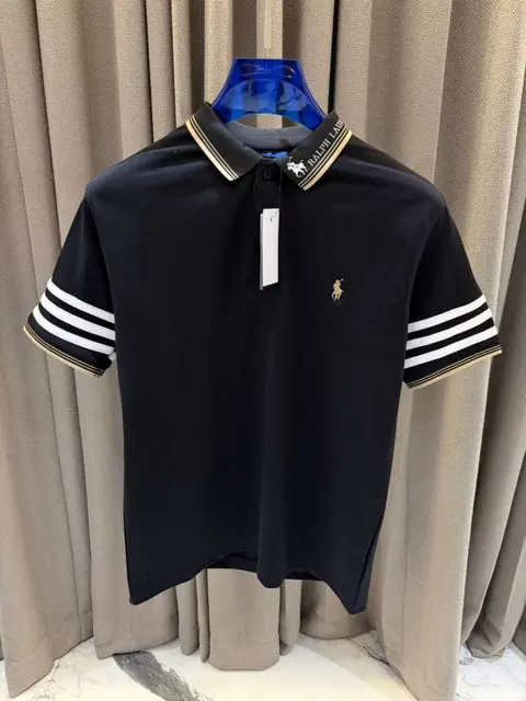 Ralph Lauren Chest Logo Stripe Sleeves Polo T-shirt Black