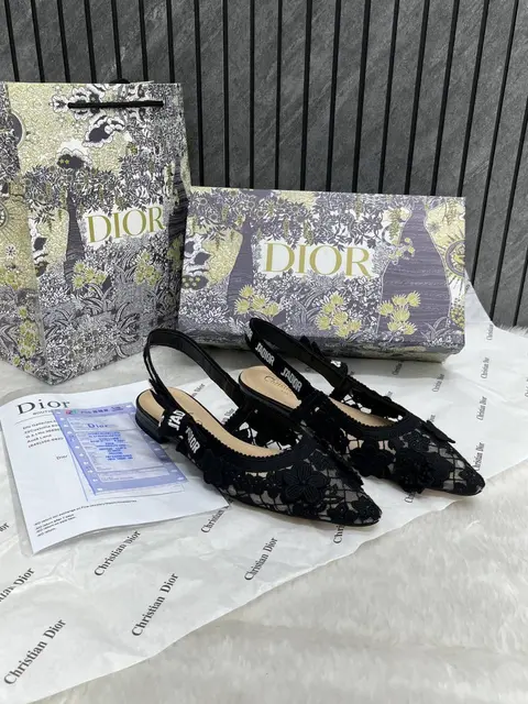 Dior JAdiyor Slingback Transparent Mesh Black Diyor Embroidery Flat With OG Box Dust Bag & Carry Bag