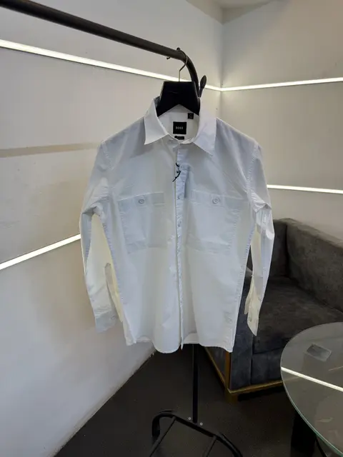 Hugo bos cargo double pocket imported shirt with embroidery logo on sleeves white