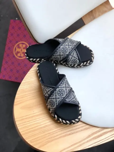 Tori Burch Blue T Monogram Espadrille Slides With Plain Box