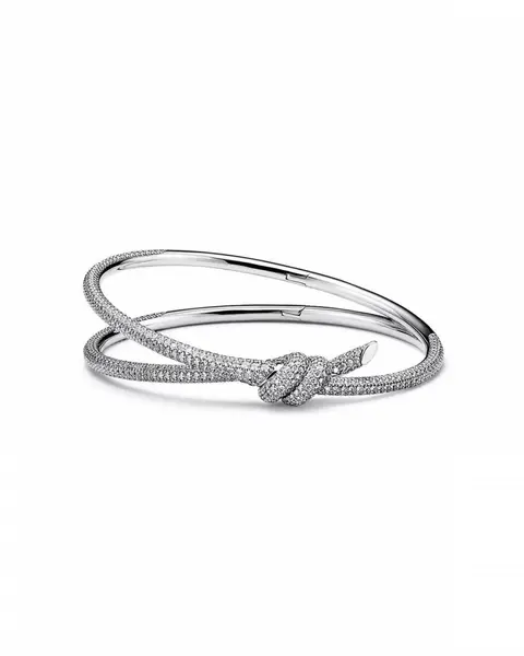 Tiffany & Cco Silver Double Row Hinged Bangel In Silver With Diamonds
