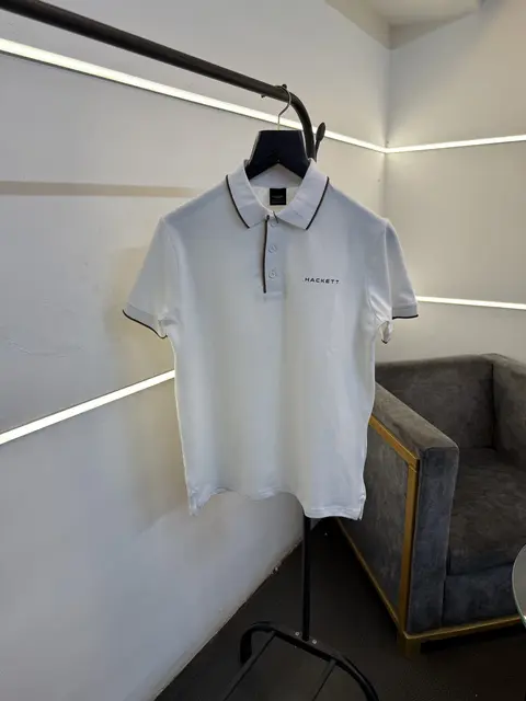 Hackett white imported polo tshirt with chest logo and border piping sale