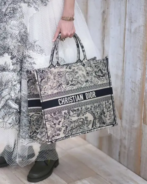 Dior Book Tote Black Toile De Jouy With OG Box & Dust Bag & Scarf (Black Tiger - 573)