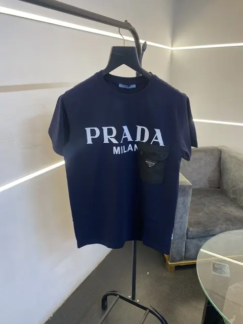 Prada turkey imported front pocket and print imported round neck tshirt navy blue sale