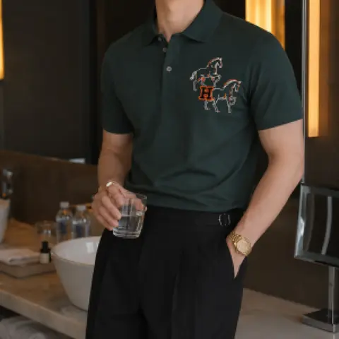 Hermes Chest Logo Polo T-shirt Green