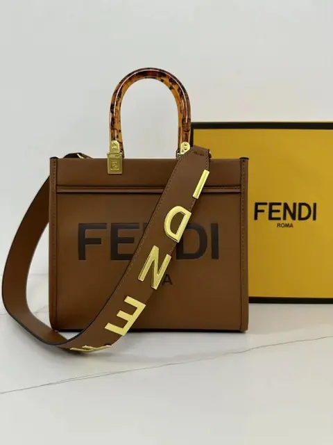 Fendi Roma Sunshine Small Tote Bag With Dust Bag & Shoulder Strap (Brown-982)