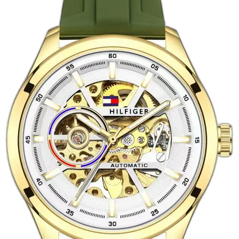 Tommy Hilfige r Automatic Silicon Green-Gold-White - dial close-up