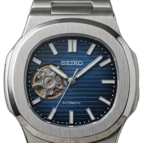 Seiko Mod Nautilus Phantom Open Heart Automatic Silver-Blue - dial close-up