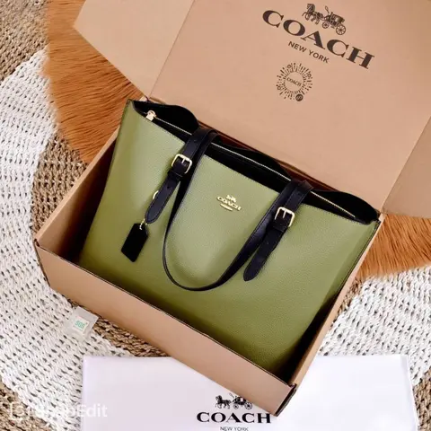 Coach Mollie Premium Leather Tote Bag With OG Box & Dust Bag (Green - 1200)
