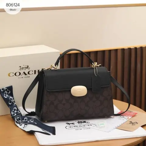 Coach Eliza Top Handle Premium Crossbody Bag With OG Magnetic Gift Box & Dust Bag (Black Brown-913)