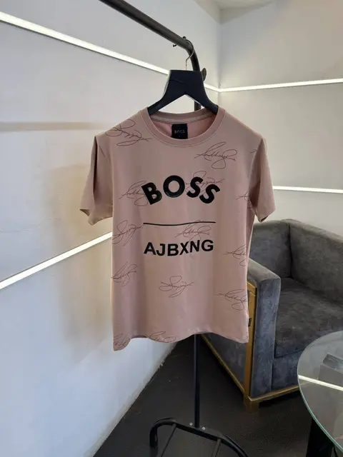 Hugo bos signature allover print imported round neck tshirt peach pink
