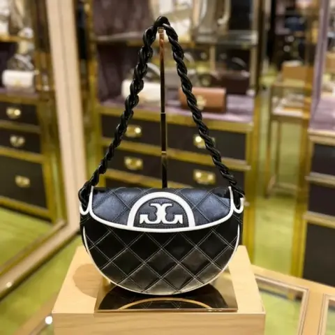 Tori Burch Fleming Crescent Premium Bag With OG Box & Dust Bag (Black White - 610)
