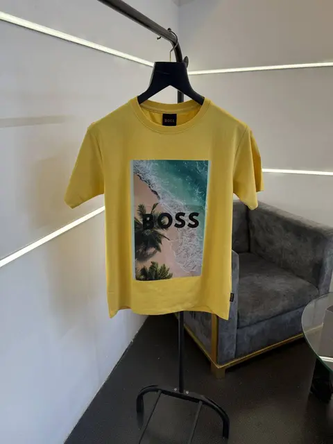 Hugo bos turkey imported heavy print and patch round neck tshirt yellow sale