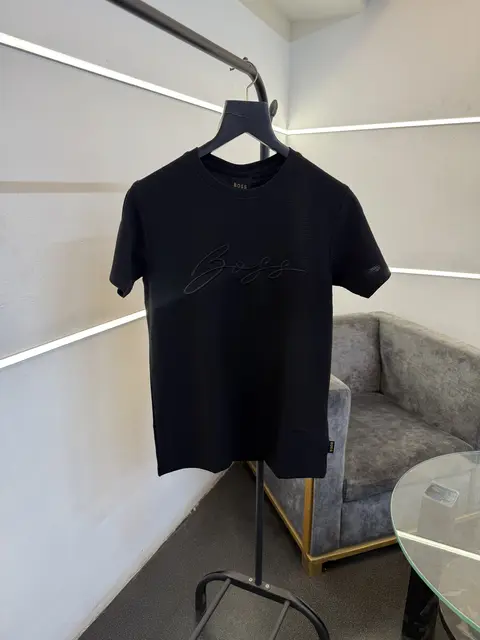 Hugo bos black turkish imported knitted popcorn fabric round neck tshirt with embroidery logo