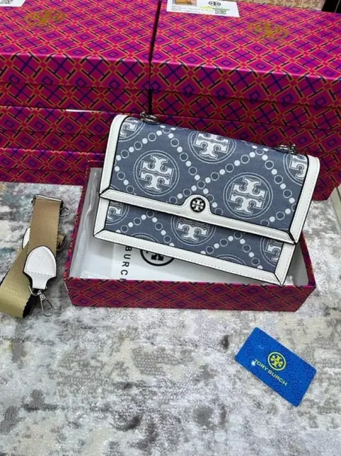 Tori Burch T Monogram Shoulder Bag With Adjustable Strap With OG Box & Dust Bag (White - 618)