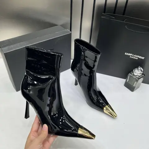 Ysl Saint Laurent Paris Black Glossy High-Heeled Ankle Boots With Gold Metal Toe Cap With OG Box Dust Cover & Carry Bag B1 Black Glossy