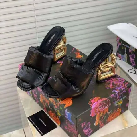 Dolcce & Gabbana D&G High Heel Gold Clothes Sandals With OG Box & Carry Bag (Black - 1047)