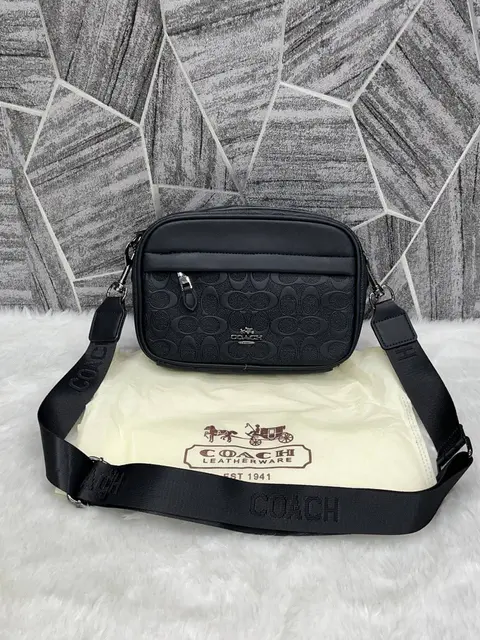 Coach Black Emboss Leather Unisex Crossbody Bag With DustCover