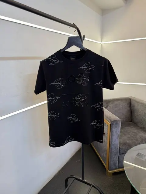 Hugo bos signature allover print imported round neck tshirt black sale