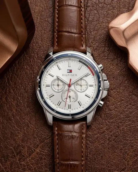 Tommy Hilfige r Oxford Chronograph leather belt Brown-Silver-White