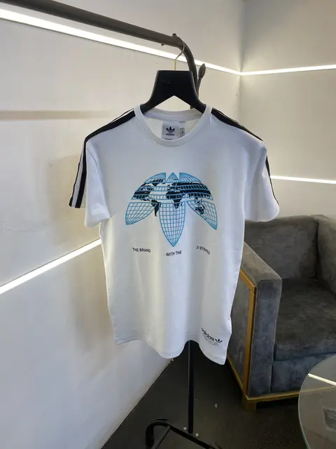 Adidas round neck imported tshirt world map print in front and three strips on shoulder