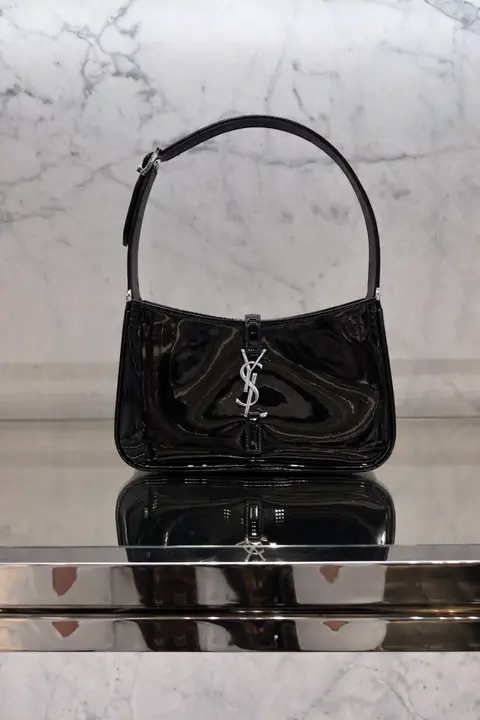Ysl Hobo Patent Leather Black-Silver Top Zip Shoulder Bag With OriginalBox