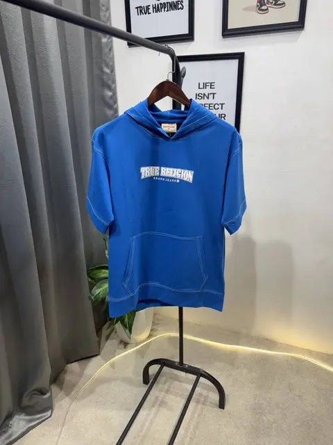 True religion drop shoulder hooded imported tshirt blue