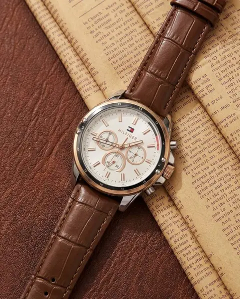 Tommy Hilfige r Oxford Chronograph leather belt Brown-Copper-White