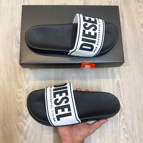 Diesel Mayemi Logo Embossed White Black Slides