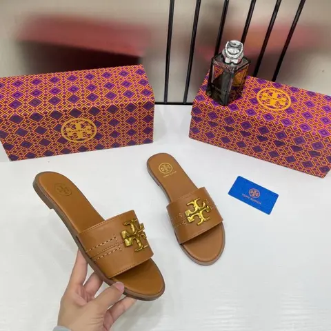 Tori Burch Brown Everly Slides For Women With Original Box