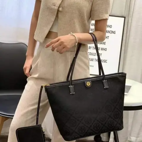 Tori Burch T Monogram Tote With OG Box & Dust Bag & Extra Pouch (Black - 635)