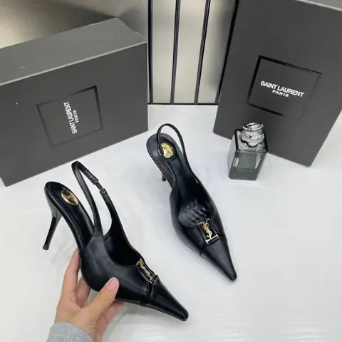 Ysl Yves Saint Laurent Pointed-Toe Matte Leather Slingback Pumps With OG Box Dust Cover Black A16