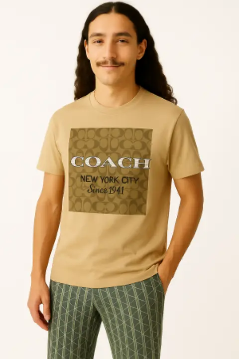 Sale Coach Middle Brand Logo Round Neck T-shirt Coffee