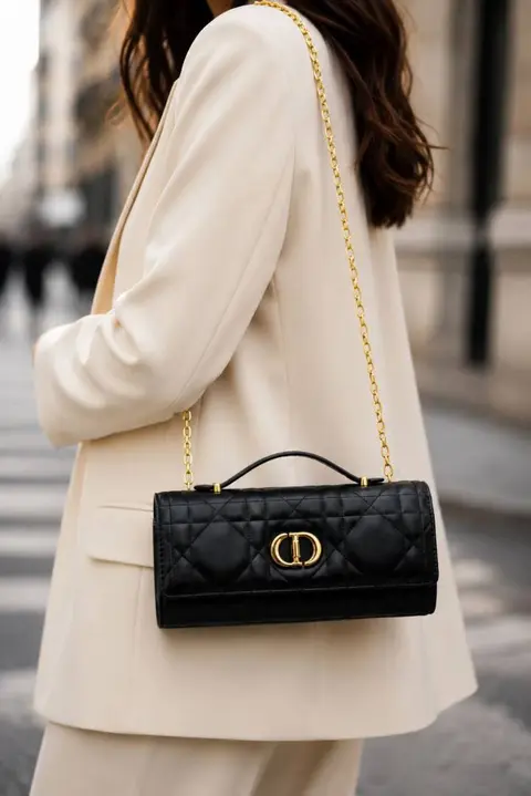 Dior Caro Top Handle 8822 Black Clutch Bag With OriginalBox & DustCover