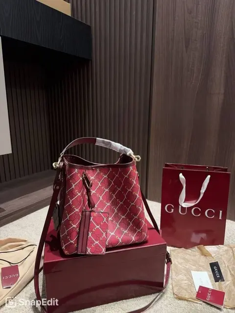 Gucci GG Emblem Premium Bucket Bag With OG Box & Dust Bag (Burgundy - 1250)