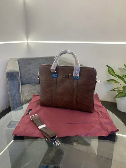 Montblan c Wooden leather finish imported laptop bag with double zip and back zip and brand strap brown