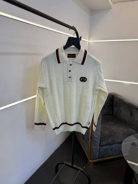 Gucci knitted imported sweatshirt with brand button and logo on chest cream