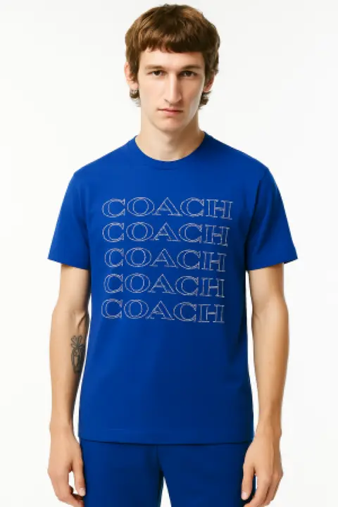 SALE Coach Middle Brand Logo Round Neck T-shirt Blue