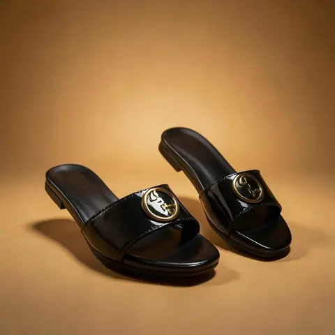 Gucci Round Interlocking G in Black Leather Shiny Classic Slides With OG Box & Carry Bag 1892