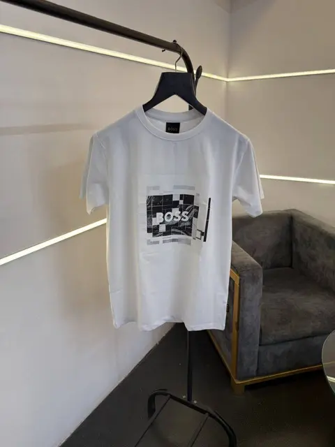 Hugo bos turkey imported heavy print and patch round neck tshirt white sale