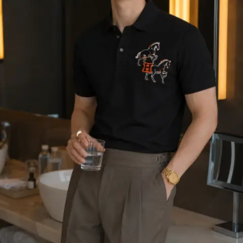 Hermes Chest Logo Polo T-shirt Black
