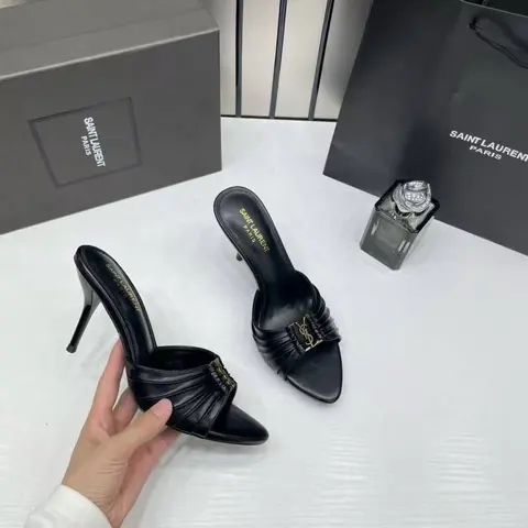 Ysl Saint Laurent Babylone Black Stiletto Mules Gold-tone Cassandre logo Detail With OG Box & Carry Bag A1 Black