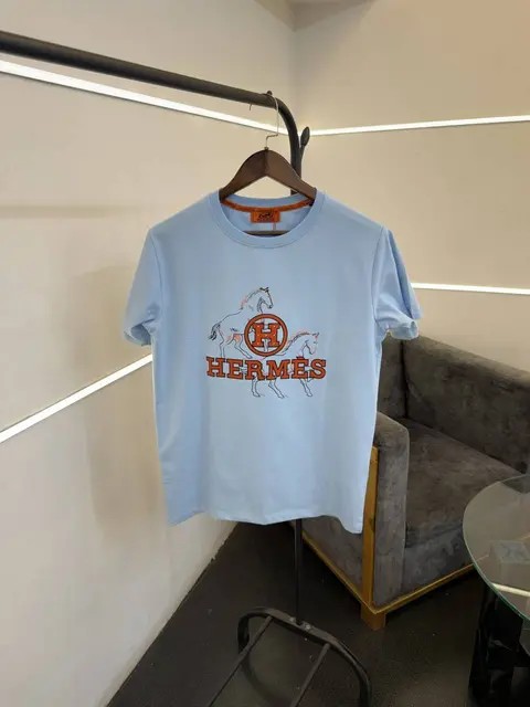 Hermes turkey imported patch printing imported round neck tshirt sky